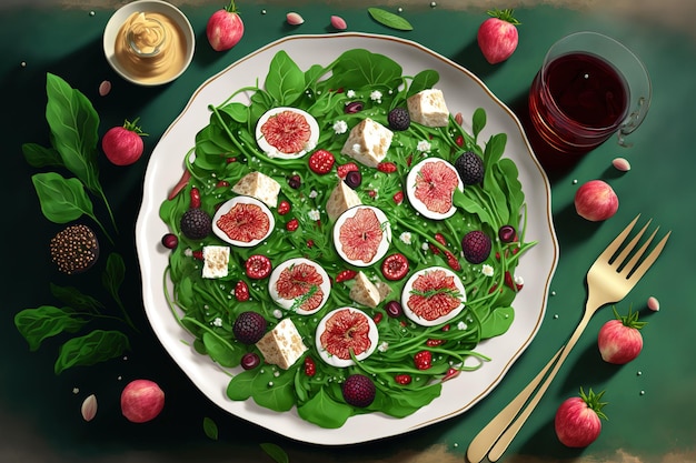 On the table was a dish of salad with feta cheese arugula figs and raspberries