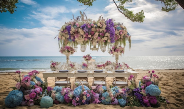 A table for a wedding with flowers on the beach