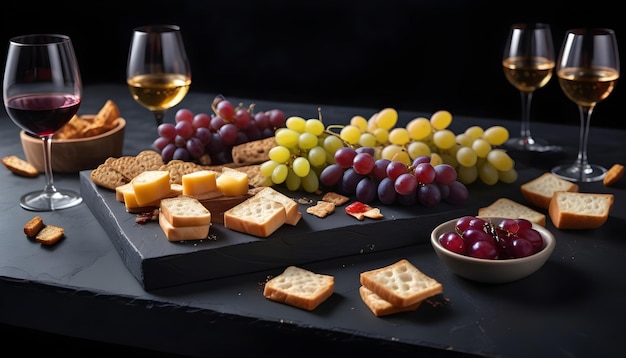 Table wine snacks black background hyperrealism