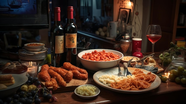 사진 맛있는 요리가 뷔페식으로 제공되는 테이블