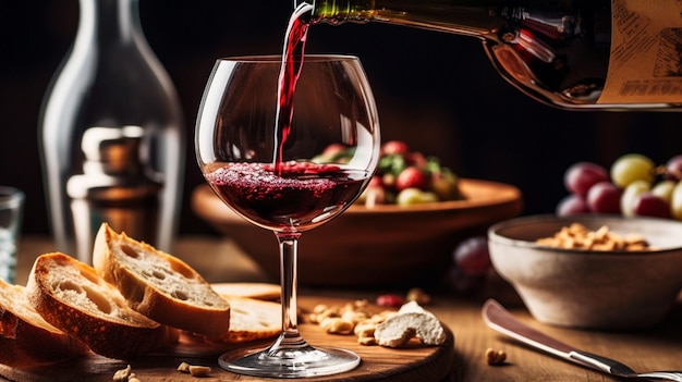 On a table with amazing cuisine red wine is being served from a bottle into a straightforward wine glass