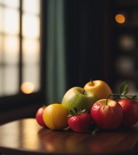 A table with apples, apples, and a pomegranate on it.