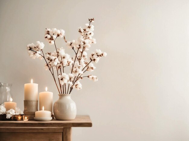 Table with aroma candles and cotton flowers light background Generative AI