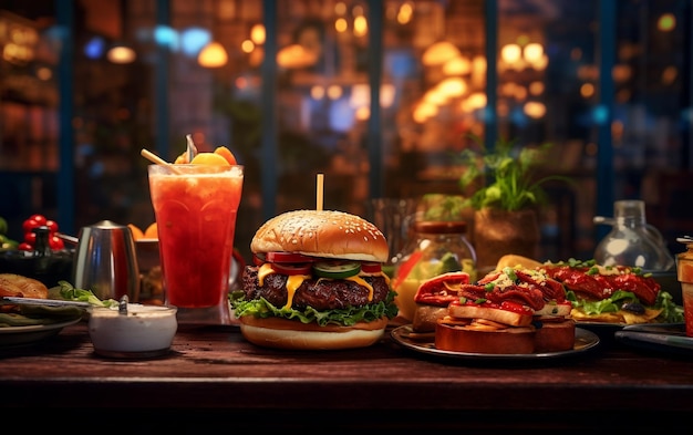 Photo table with assorted food and drinks