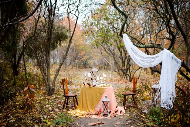 Il tavolo con un arredamento autunnale posato per due nel bosco. matrimonio autunnale. decorazioni di nozze