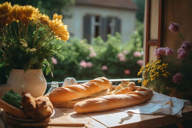 A table with baguettes in front of a window