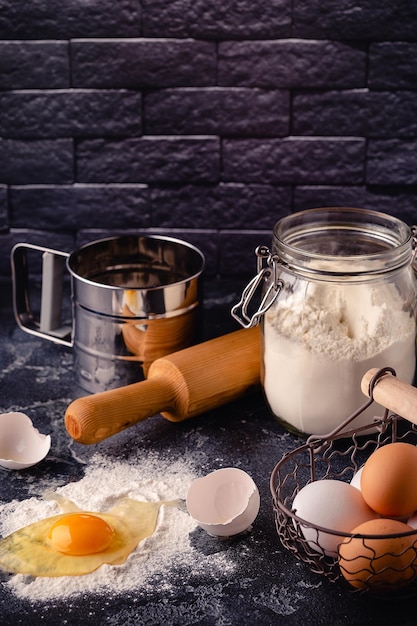 Table with baking products and tools