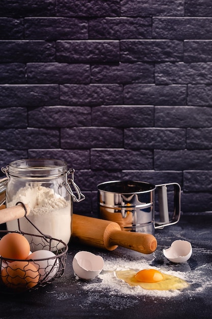 Table with baking products and tools