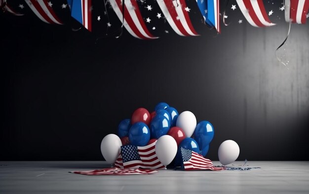 A table with balloons and a banner that says " 4th of july "