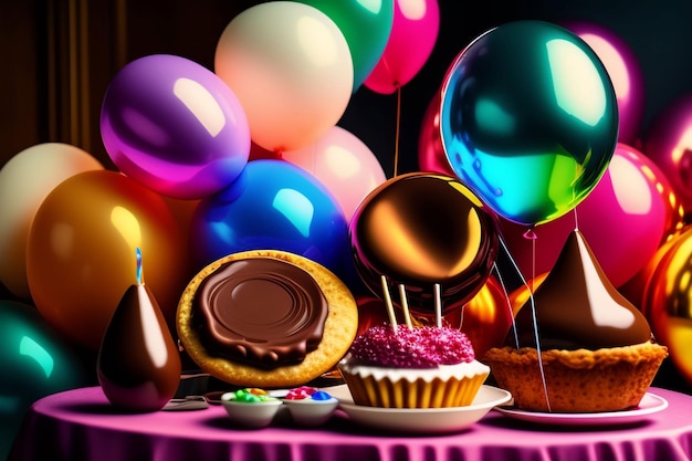 Foto un tavolo con palloncini e sopra una torta e una torta