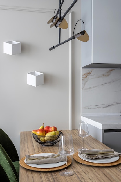 Photo table with bar stools fruit bowl and lighting