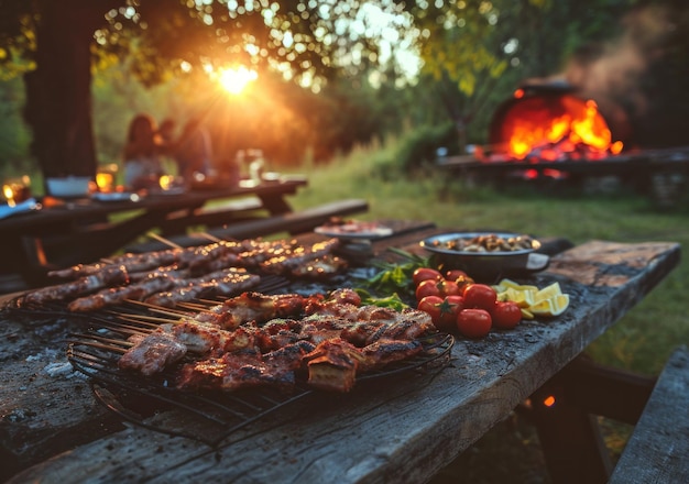 Photo a table with barbecue and food in the background