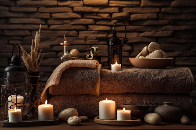 Photo a table with a basket of bread and candles in front of a fireplace