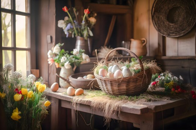 卵の入ったバスケットが置かれ、背景に花が飾られたテーブル