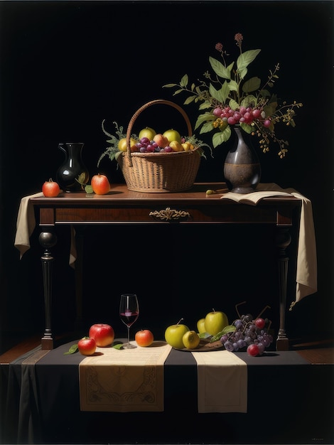 A table with a basket of fruit and a vase of grapes on it