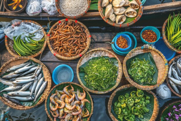 Photo table with baskets of various foods