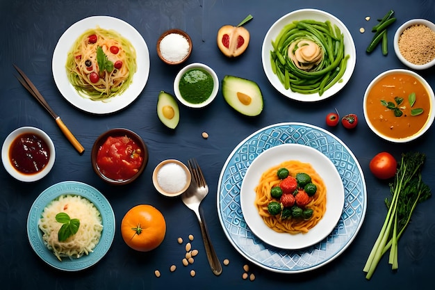 Photo a table with a blue plate with food on it and a spoon on it