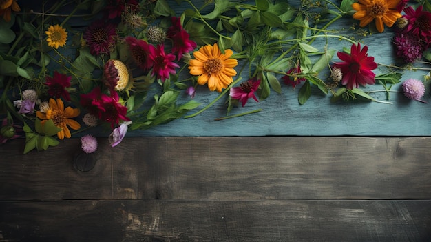 a table with a blue table with a bouquet of flowers and a blue table with a blue table and a red and yellow flowers.