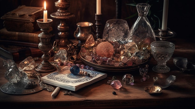 A table with a book, a book, a candle, and a book on it.