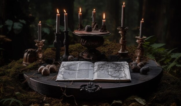 A table with a book and candles on it