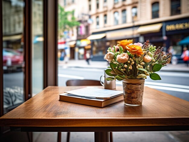 A table with a book on it and a vase of flowers on it