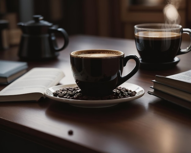 A table with books and hot coffee free download images