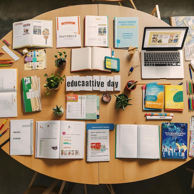 Photo a table with books one of which says quot education day quot