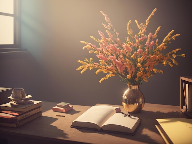 A table with books and a vase of flowers on it