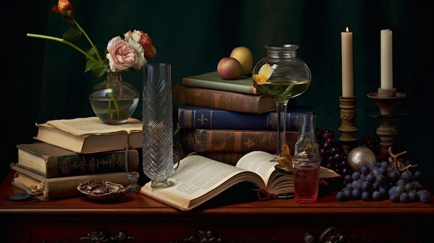 A table with books and a vase of flowers on it