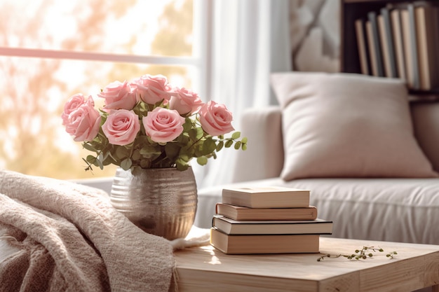 A table with books and a vase of pink roses on it