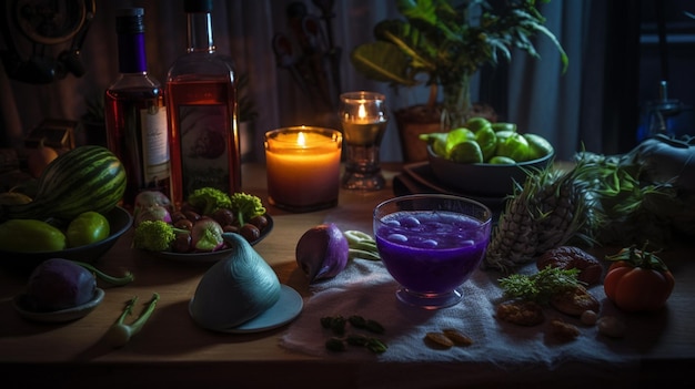 A table with a bottle of alcohol and a candle on it