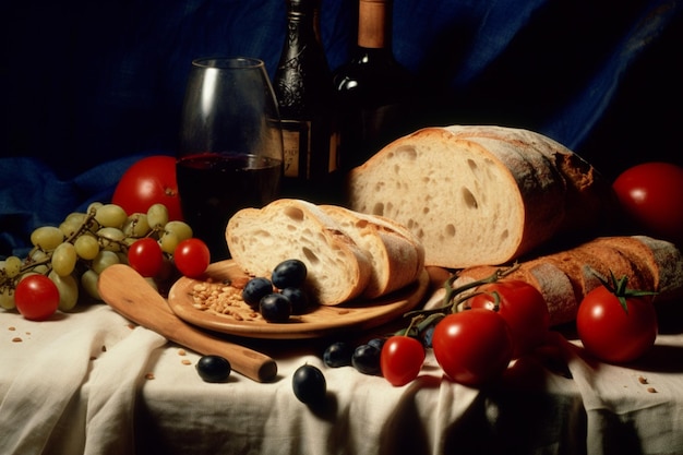 A table with a bottle of wine and bread