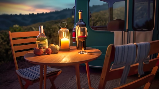 Стол с бутылкой вина и бокалом вина на нем. AI-генеративное изображение