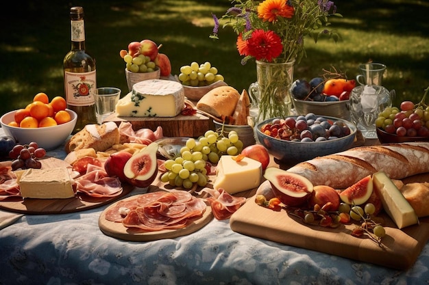 A table with a bottle of wine and grapes on it