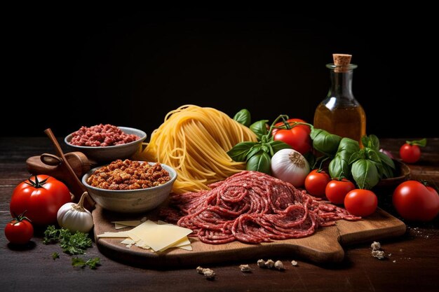 Photo a table with a bottle of wine and some meat and vegetables