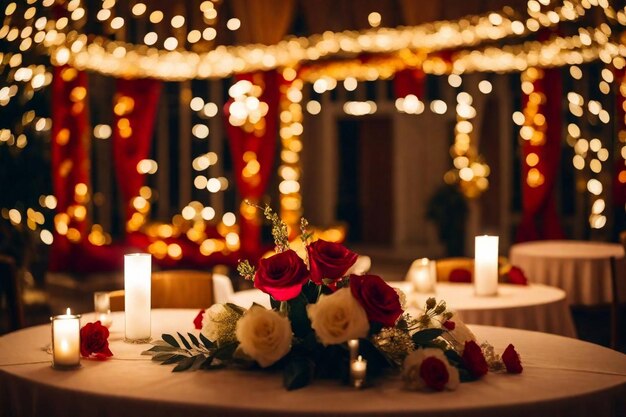 은 리본과 불타는 불로 꽃과 불의 꽃받침을 가진 테이블