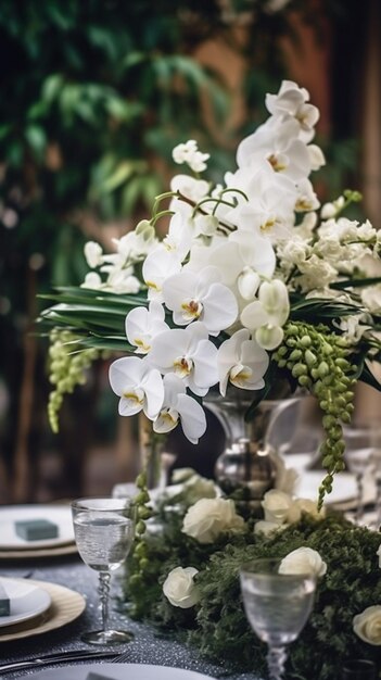 A table with a bouquet of white orchids