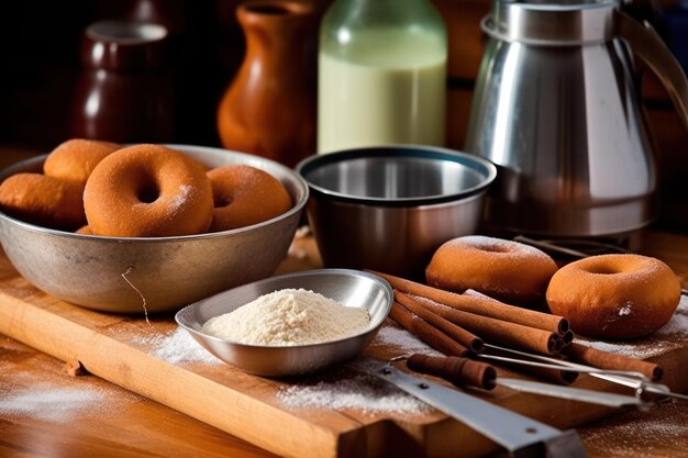 A table with a bowl of bagels and a bowl of flour on it.