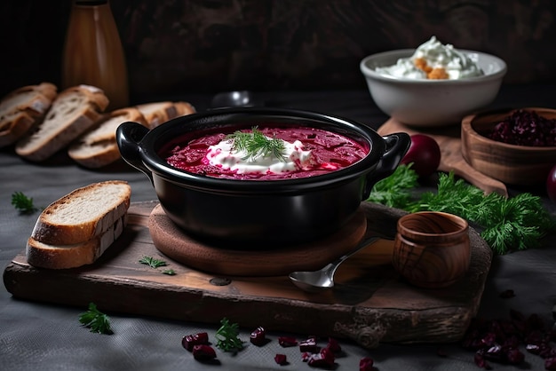 A table with a bowl of beetroot soup and bread