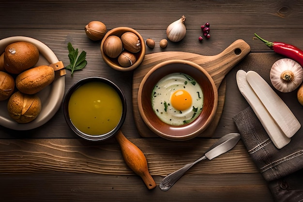 A table with a bowl of eggs, a bowl of egg yolk and a bowl of garlic and a spoon.