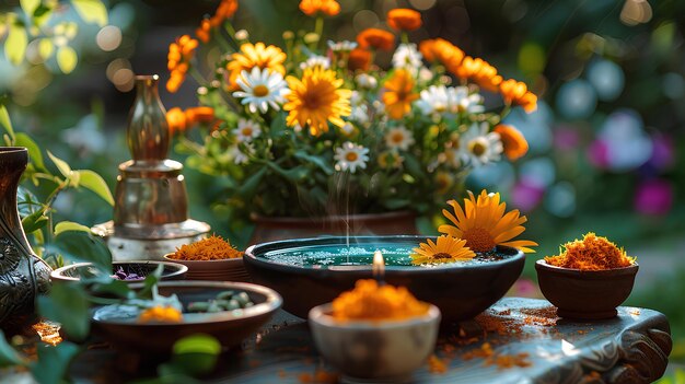 A table with a bowl of flowers and a candle on it with a vase of flowers in the background a still