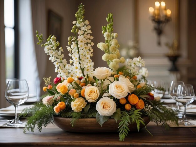 a table with a bowl of flowers and glasses on it and a candle