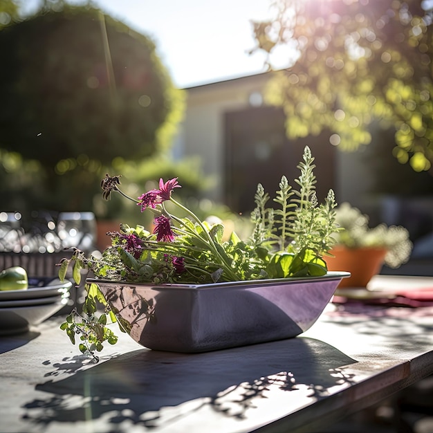 A table with a bowl of flowers on it and a bowl of green plants on it.