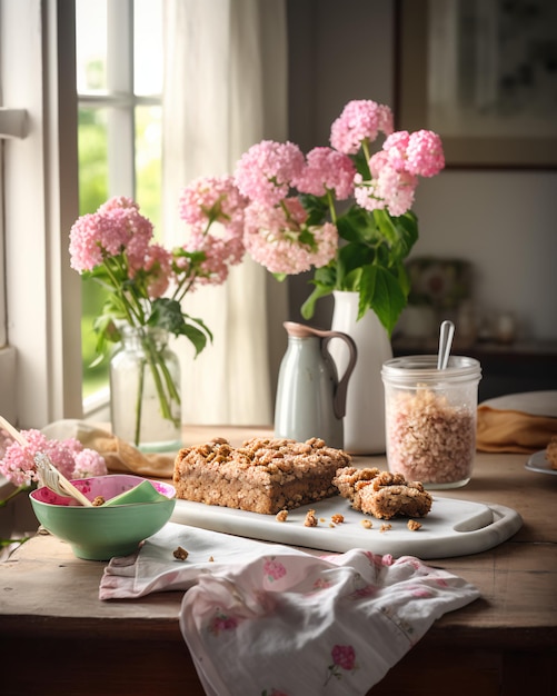 A table with a bowl of flowers and a piece of cake on it