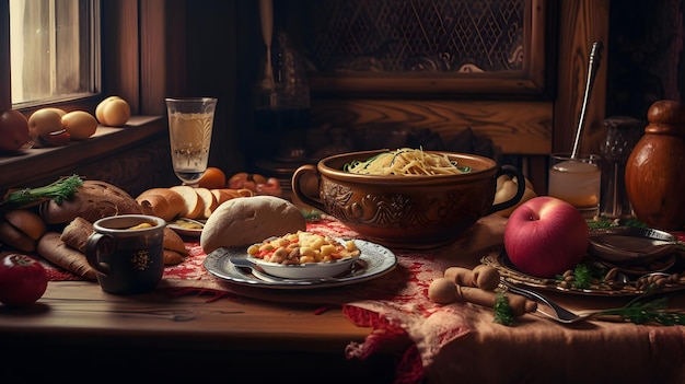 A table with a bowl of food and a bowl of bread and a bowl of food on it