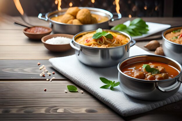 A table with a bowl of food and a bowl of curry