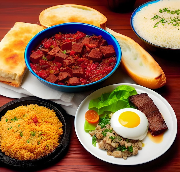 A table with a bowl of food and a bowl of rice and a bowl of meat.