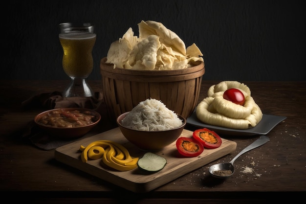 A table with a bowl of food and a glass of beer.