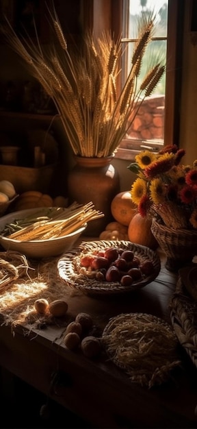 A table with a bowl of food and a vase of flowers