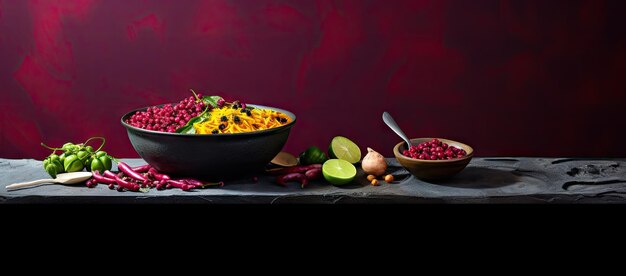 Photo table with bowl of fruit and vegetables created using generative ai tools